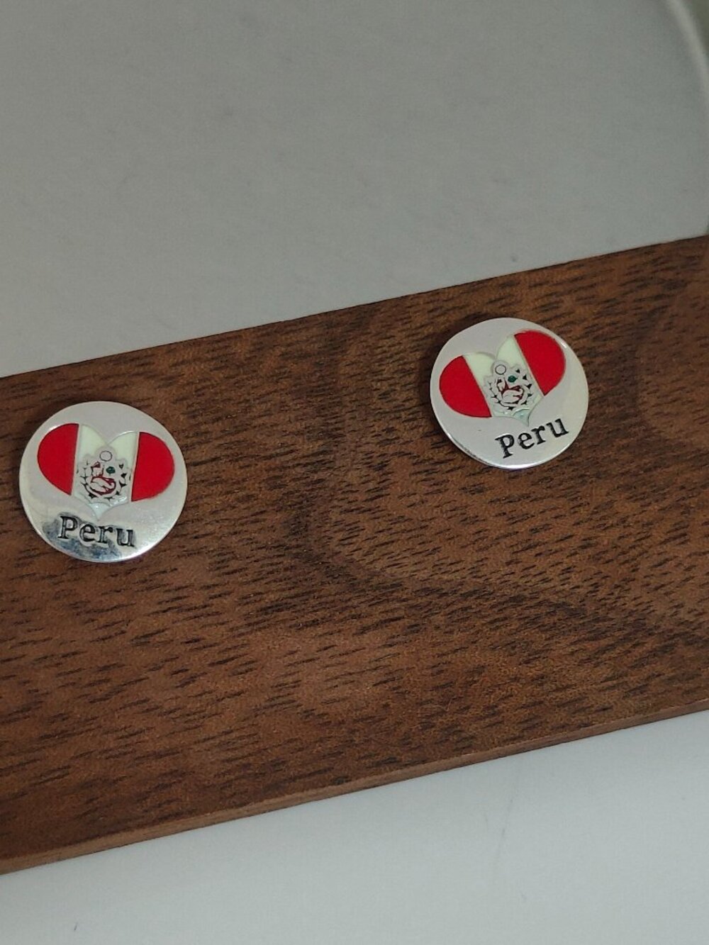 Peru Heart Flag Travel Vacation Stud Earring Exclusive Designed S925 Silver